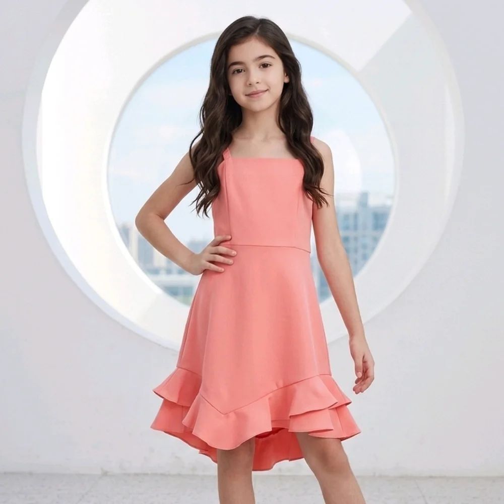 Rare Editions Big Girls Tie Back Double Ruffle Hem Fit & Flare Tank Dress Coral